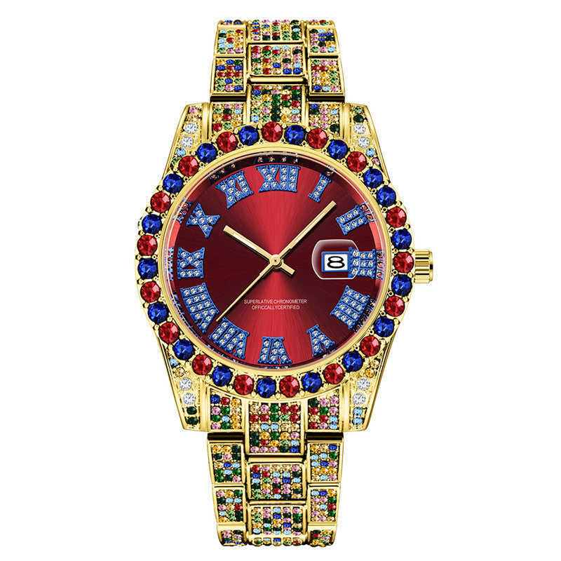 Hip Hop Hommes Mode Couleur Pleine Diamant Date Montres À Quartz