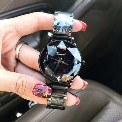 Reloj de mujer con correa de acero púrpura cielo estrellado a la moda de nueva mesa