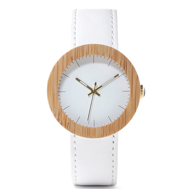 Table en bois faite à la main en bois de bambou chaud, ceinture en cuir, mouvement à quartz, montre féminine