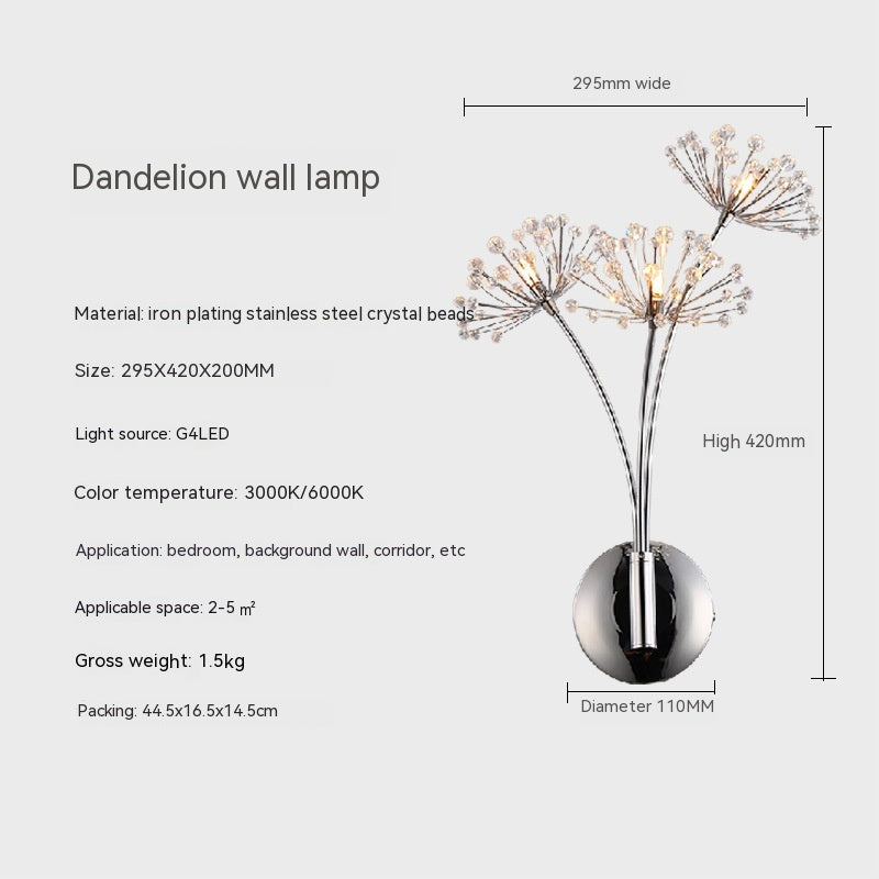 Lámpara de pared de diente de león de cristal de lujo, sencilla y ligera, moderna y moderna