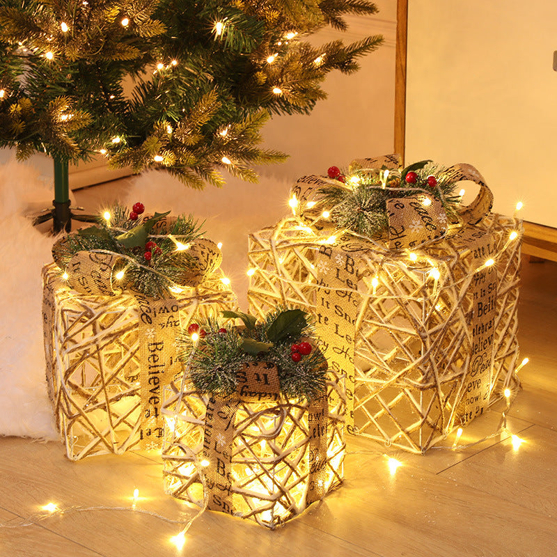 Coffret cadeau de Noël en fer forgé, ensemble de trois décorations de Noël blanc chaud avec boîte à piles et boîtes à guirlandes lumineuses de Noël