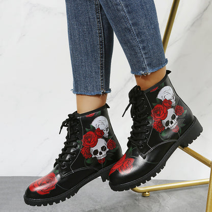 Botas de Halloween con cordones y estampado de flores rosas para mujer