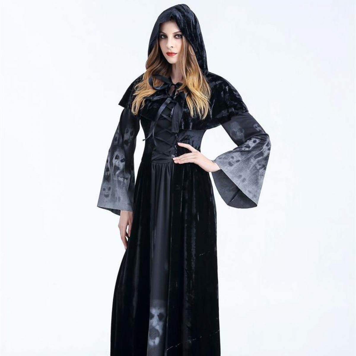 Disfraz de bruja gótica medieval para mujer, disfraz de Maléfica, terrorífico, para carnaval, fiesta, fantasma, vestido largo negro con capucha