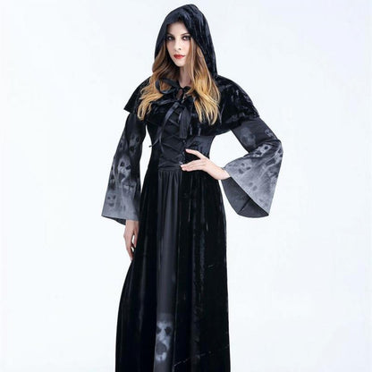 Halloween Femmes Médiéval Gothique Sorcière Maléfique Horreur Effrayant Cosplay Costume Carnaval Fête Fantôme Longue Robe Noire À Capuche