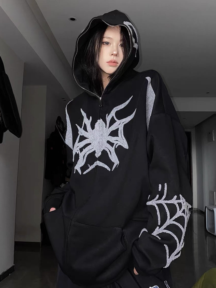 Sudadera con capucha y cremallera estilo hip hop con diseño de telaraña para Halloween