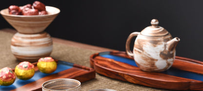 Plateau à thé en bois de santal rouge à petites feuilles, Table rétro en résine époxy de haute qualité