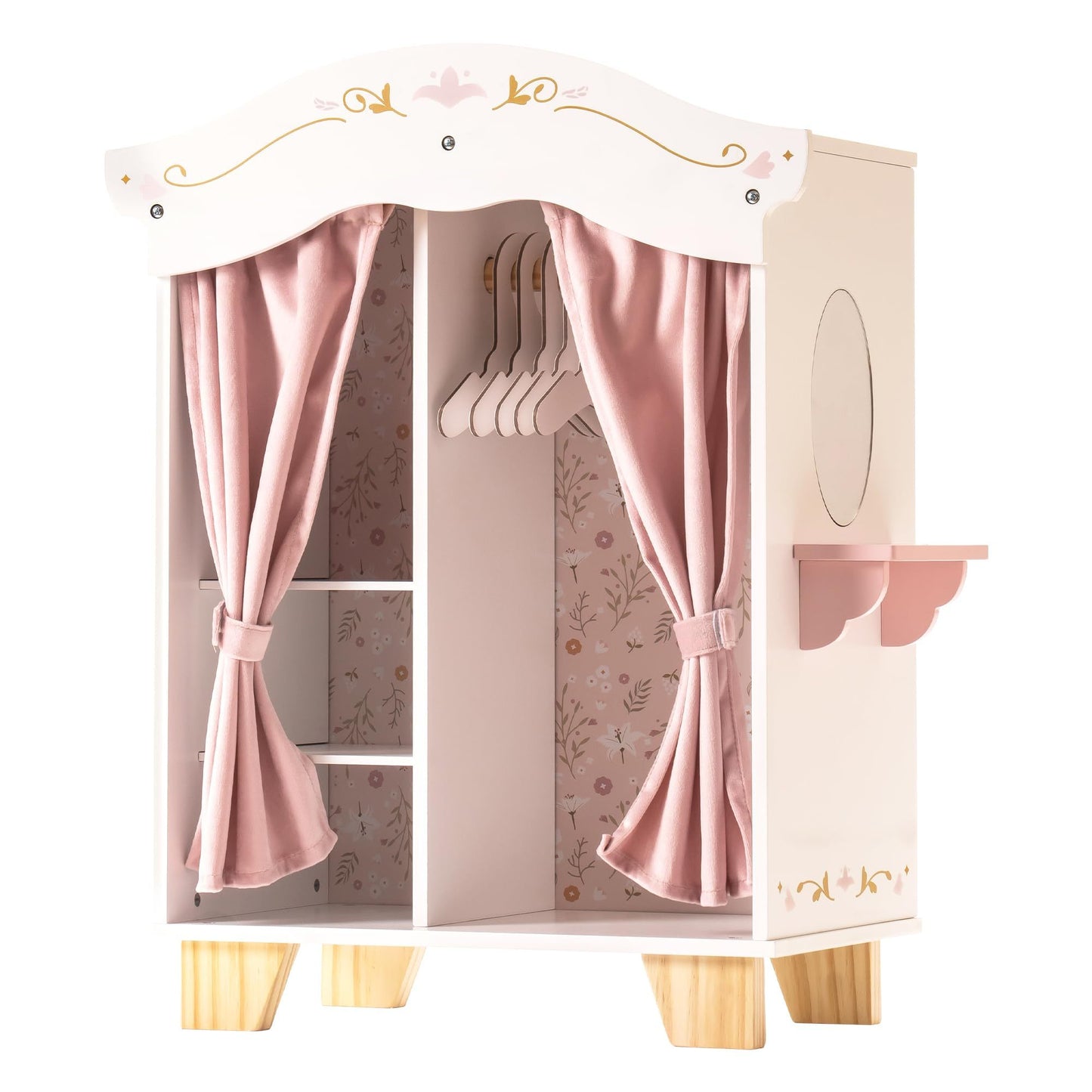 ROBOTIME Armoire de meubles de poupée de 18 pouces avec 5 cintres et coiffeuse, accessoires de poupée en bois, ensemble de garde-robe rose pour vêtements de poupée American Girl de 18 pouces 