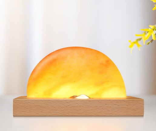 Lámpara de mesa de regalo led Sunrise Oriental, lámpara de sal con carga inalámbrica para teléfono móvil, pantalla de lámpara de sal mineral con base de madera maciza