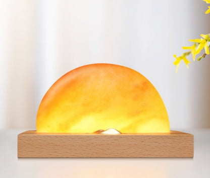 Sunrise – lampe de table led orientale, cadeau, lampe à sel avec téléphone portable, chargement sans fil, base en bois massif, abat-jour en sel minéral