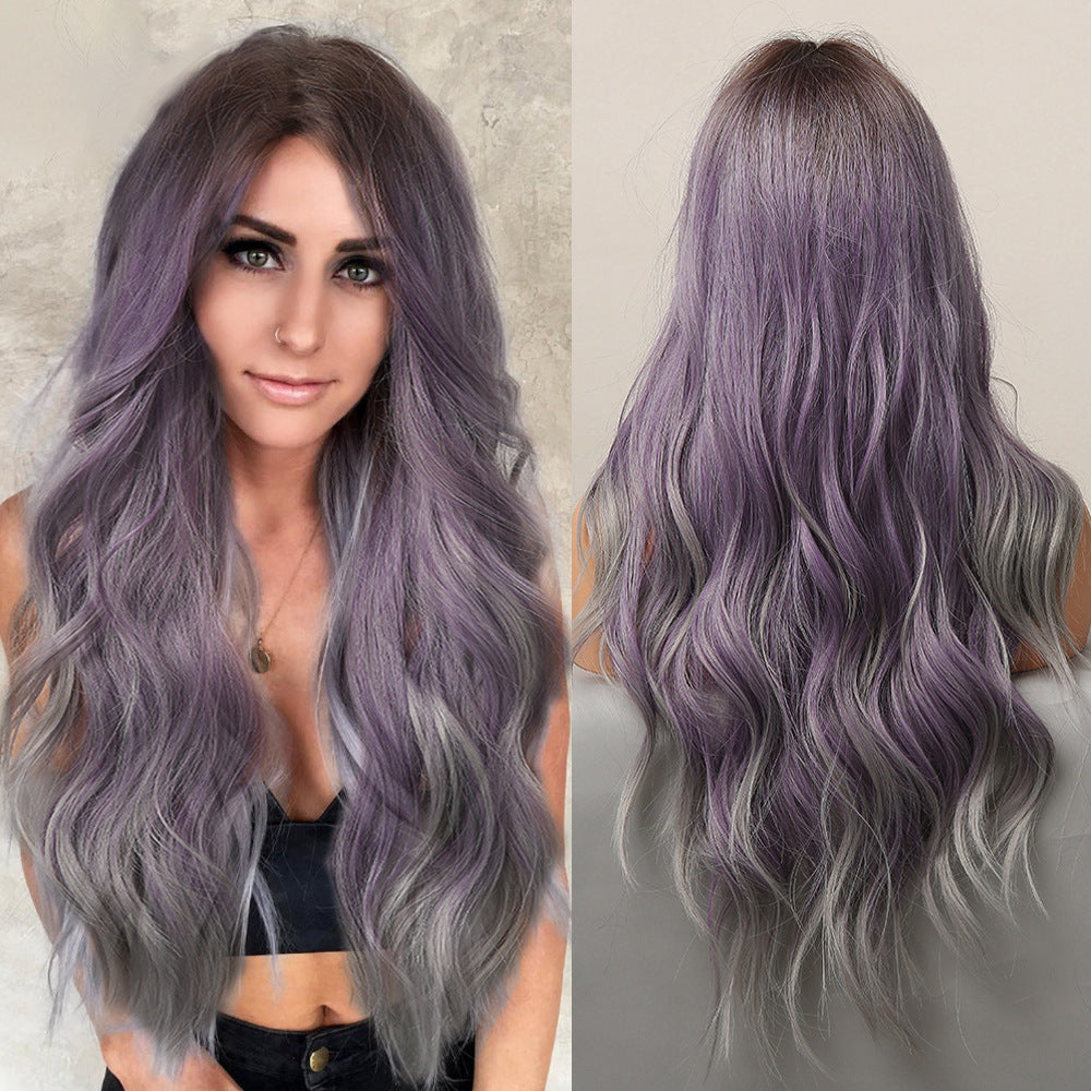 Perruque pour femme de couleur mixte violette bouclée à mi-point d'Halloween