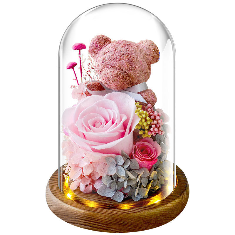 Cadeau de Noël Ours en mousse immortelle transfrontalière Fleur séchée Rose Couverture en verre