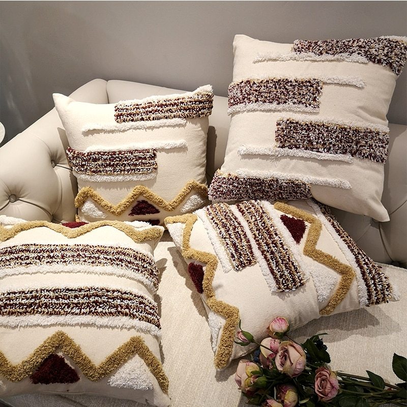 Housse de coussin de style marocain, taie d'oreiller de luxe faite à la main, rayures géométriques marron pour canapé-lit, décoration d'intérieur, toile 45x45cm 