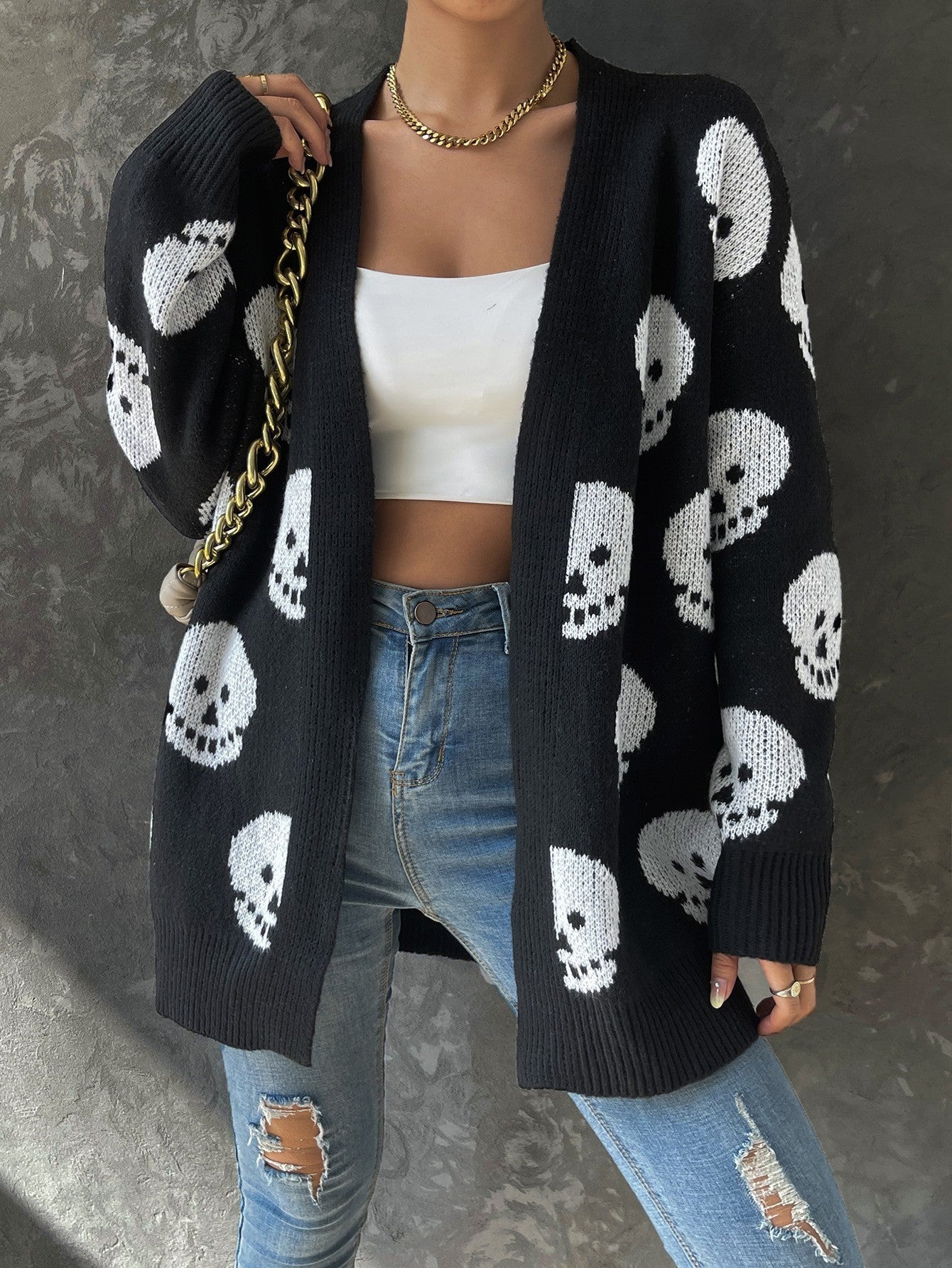 Women's Fashion Casual Halloween Skull Jacquard Knitted Long Sleeve Cardigan