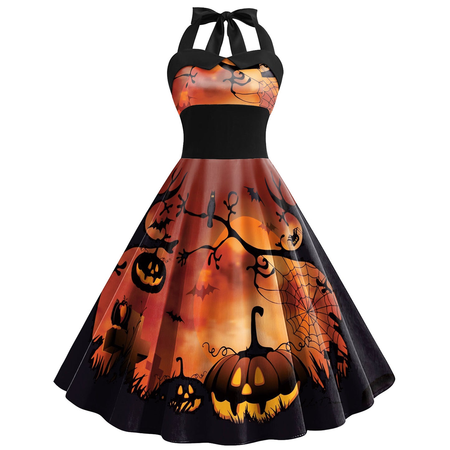 Robe d'Halloween Crâne Toile d'araignée Imprimé Vêtements Femme Jupe taille haute à bretelles