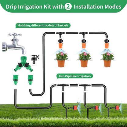 Kit de riego por goteo para jardín, kit de sistema de riego por goteo microautomático para invernadero de 164 pies con manguera de distribución en blanco, boquilla de nebulización ajustable para patio, emisores, púa de rociador 