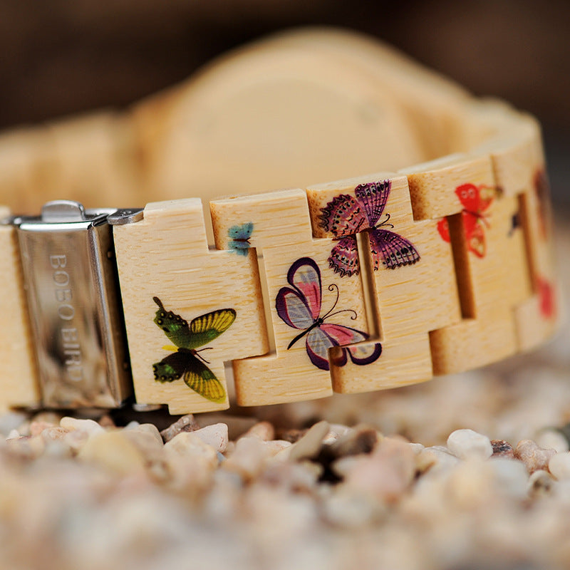 BOBO BIRD O20 Butterfly Print Women Watches All Bamboo Made Quartz Wristwatch for Ladies in Wooden Gift Box