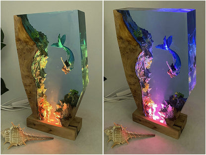 DIY Mermaid Ocean Small Night Lamp Creative Handmade Wooden Resin Decorations