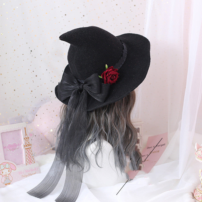 Lolita Halloween Rétro Chapeau De Sorcière Mascarade Rose Gros Nœud Chapeau De Sorcier Gothique Magique Fille Chapeau Cosplay Accessoires Décoration De Fête