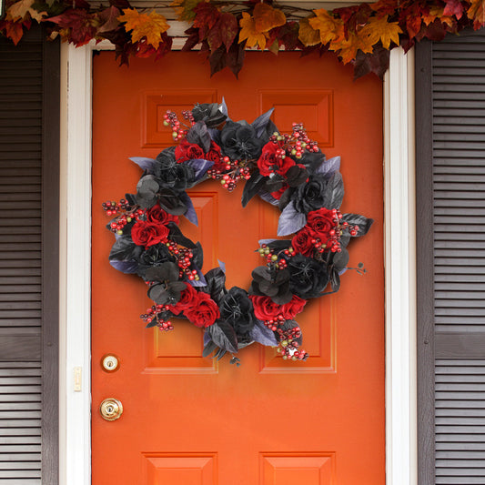 Halloween Black Red Rose Ring Wreath