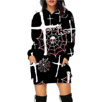 Sudadera con capucha larga con estampado de Halloween y bolsillos, suéter de manga larga, ropa para mujer