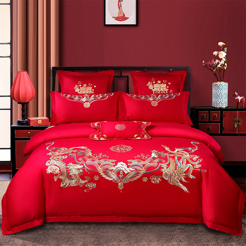 Conjunto de cuatro piezas para boda roja, venta al por mayor, ropa de cama bordada de algodón puro para boda, edredón Xi para cama de matrimonio, dragón y fénix