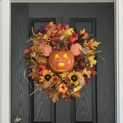 Couronne de tête de citrouille d'Halloween, décoration de porte, anneau de fleurs suspendu, décoration de jour