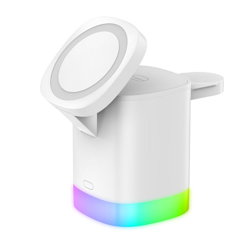 Cargador rápido inalámbrico magnético 3 en 1 para teléfono inteligente, estación de carga de luz ambiental RGB para Airpods IWatch