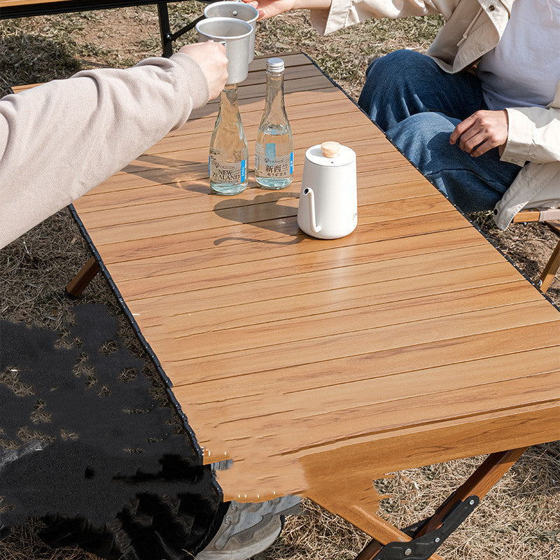 Mesa de barbacoa portátil y autónoma para acampar, mesa de madera de grano