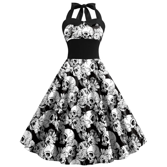 Halloween Dress Skull Spider Web Printed Clothing Women's Strap High Waist Skirt