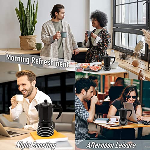 Cafetera espresso para estufa, 6 tazas, 300 ml, juego de regalo de olla Moka de aluminio, café Greca cubano italiano, fácil de usar y limpiar, juego que incluye 2 tazas, cuchara, negro, regalo perfecto para los amantes del café