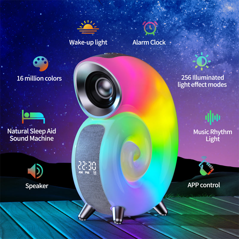 Concha inteligente RGB, luz de ambiente, Altavoz Bluetooth, despertador, lámpara de despertador, máquina de ruido blanco para dormir, Control por aplicación para bebé