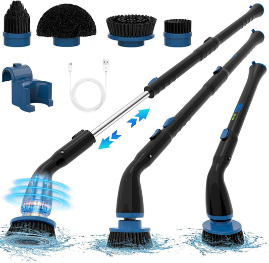 Épurateur électrique à rotation, brosse de nettoyage sans fil avec 4 têtes de brosse remplaçables et poignée d'extension réglable, épurateur de douche électrique pour salle de bain, cuisine, baignoire, carrelage, sol