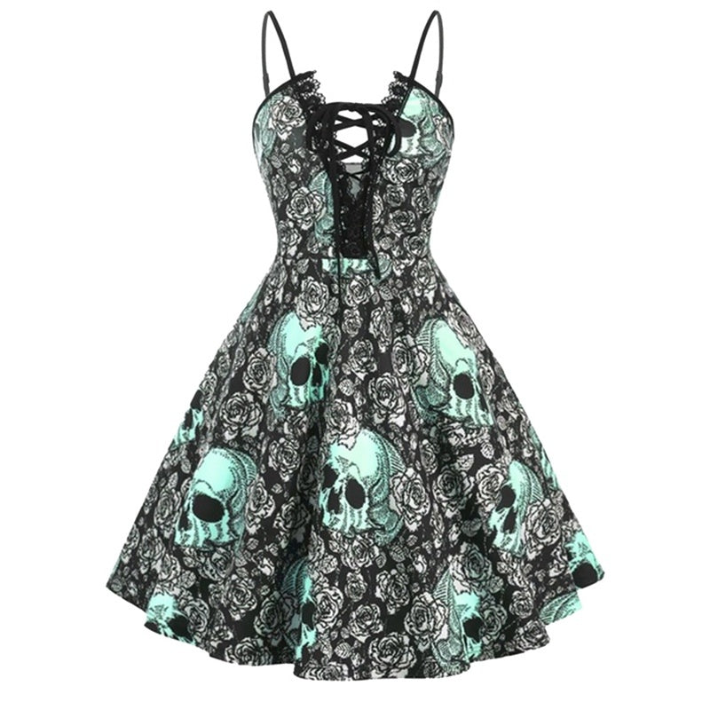 Vestido retro grande con tirantes y estampado de calaveras de Halloween para mujer