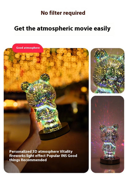 3D Glass Multicolor Fireworks Finger Bear USB Dream Atmosphere Bedside Lamp