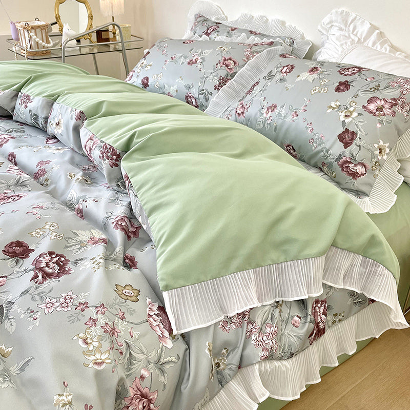 Housse de couette en coton lavé à petites fleurs, ensemble de draps de lit quatre pièces