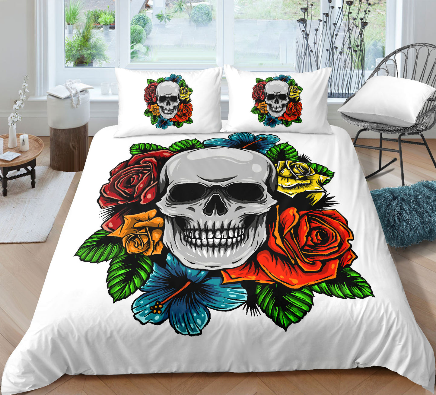 Juego de sábanas y fundas de edredón y almohadas con estampado digital 3D de calaveras de moda de tres piezas