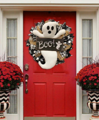 Halloween Wreath BOO Farmhouse-Ghost Wreath Outdoor Front Door Indoor Wall Decor Honeycomb Ghost Smiley Balloon For Halloween