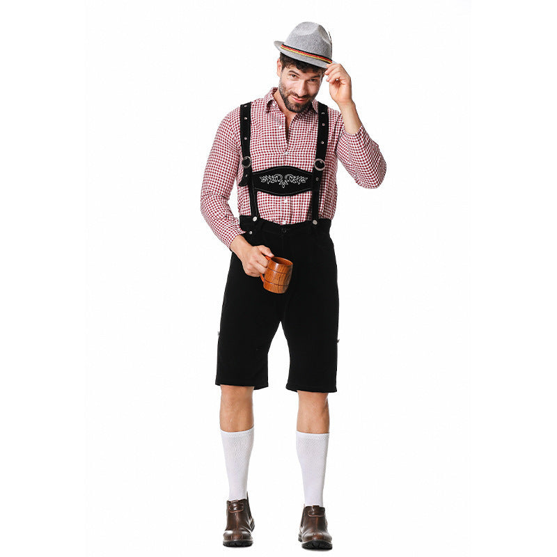 Costume traditionnel allemand de fête de la bière Chemise à carreaux d'Halloween Chapeau à bavette pour hommes Costume trois pièces Vêtements de performance