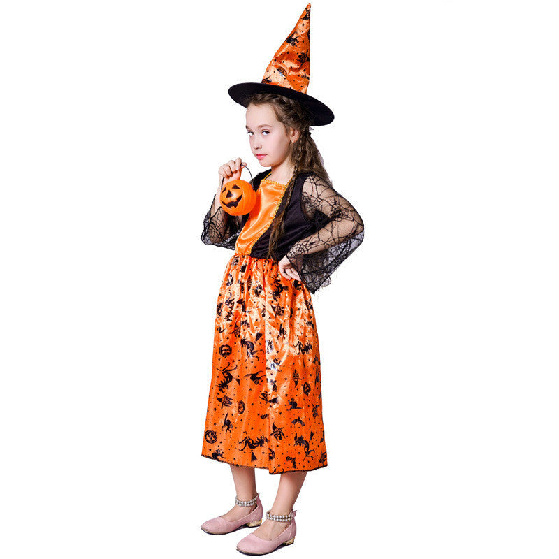 Robe de sorcière citrouille pour petite fille pour Halloween, costume de cosplay de performance sur scène de sorcière pour fille