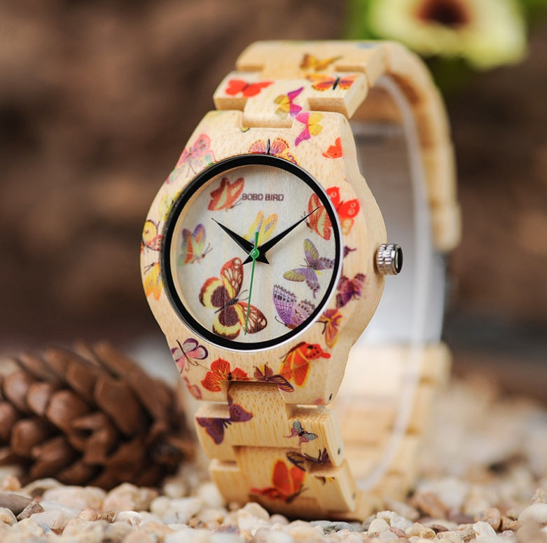 BOBO BIRD O20 – montre-bracelet à Quartz pour femmes, imprimé papillon, entièrement en bambou, dans une boîte cadeau en bois