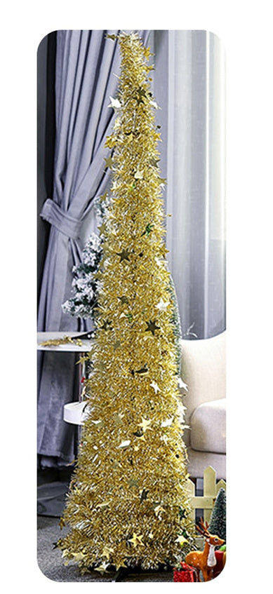 Árbol de Navidad artificial con oropel y soporte. Hermoso árbol de Navidad artificial plegable para decoraciones navideñas.