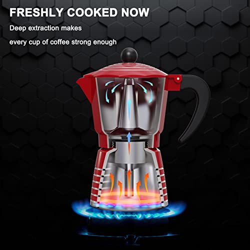 Machine à expresso sur cuisinière 6 tasses 300 ml, coffret cadeau en aluminium Moka Pot, café italien cubain Greca, facile à utiliser et à nettoyer – ensemble comprenant 2 tasses, cuillère, rouge, cadeaux parfaits pour les amateurs de café