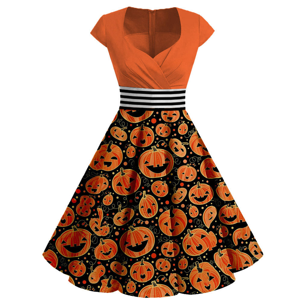 Fashion Lady Halloween Pumpkin Print Dress