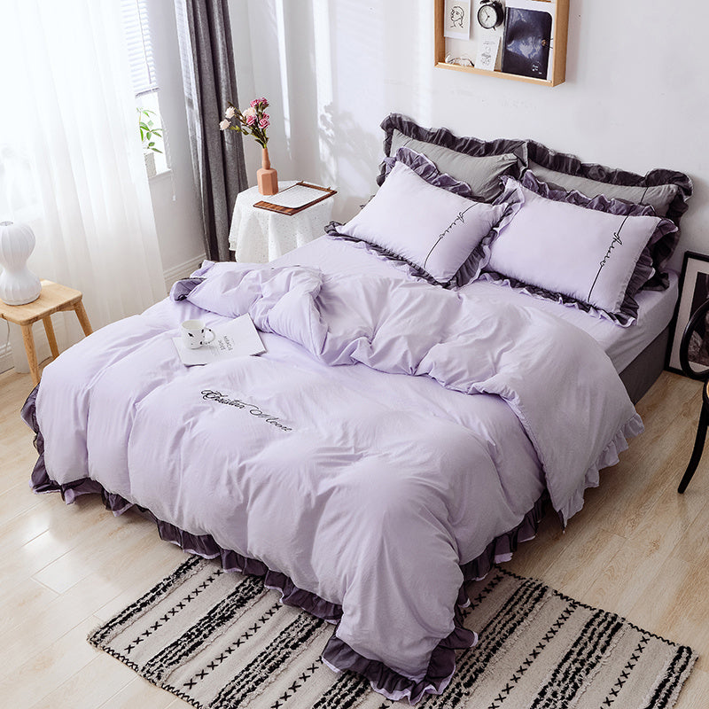 Ropa de cama de algodón lavado, cuatro piezas, estilo princesa de celebridades, sábana cepillada, funda nórdica, sábana individual de tres piezas