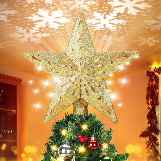 Cimier de sapin de Noël avec étoile illuminée 3D à paillettes argentées, projecteur de flocons de neige, décoration de la maison du Nouvel An