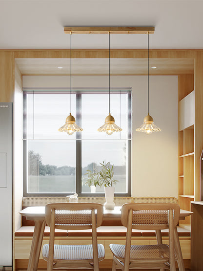 Lustre minimaliste moderne nordique à trois têtes en verre et bois massif pour restaurant