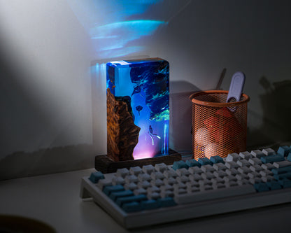 Square Wood Resin Ocean Small Night Lamp