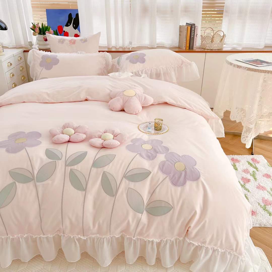 Housse de couette en coton, drap de lit, broderie florale tridimensionnelle, quatre pièces