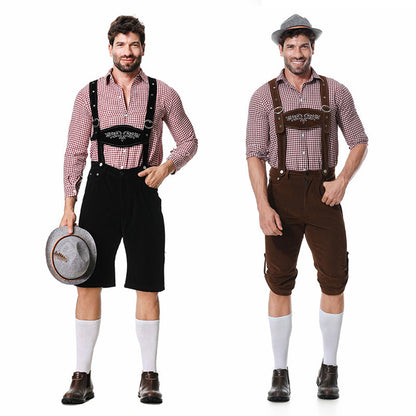 Costume traditionnel allemand de fête de la bière Chemise à carreaux d'Halloween Chapeau à bavette pour hommes Costume trois pièces Vêtements de performance