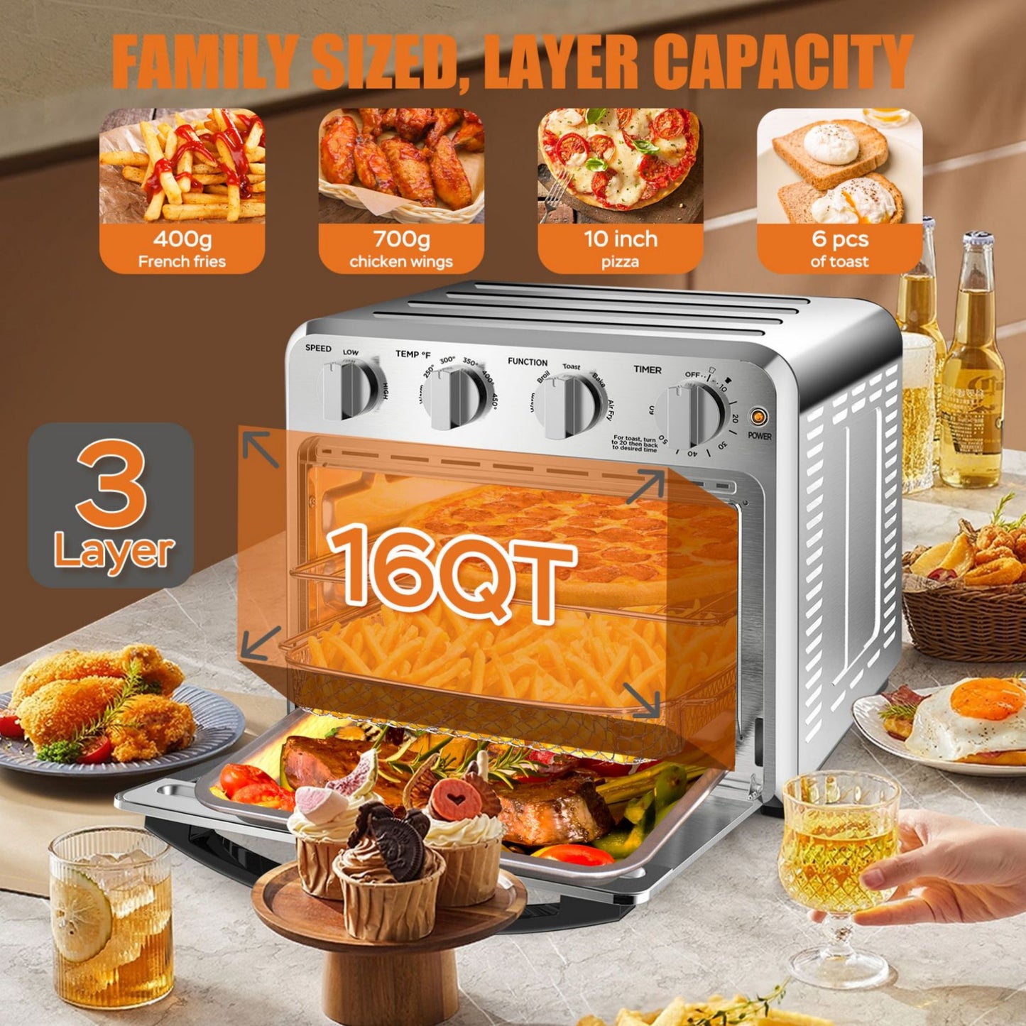 Geek Chef Air Fryer Tostadora Horno Combo Tostadora de 4 rebanadas Convección Air Fryer Horno Caliente, Asar Tostadas Hornear Air Fry Accesorios sin aceite incluidos Acero inoxidable Plata 16QT Prohibir ventas de Amazon